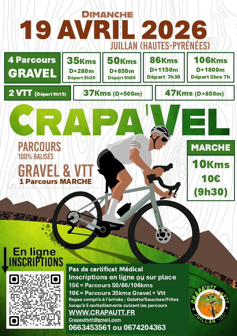 Affiche de CRAPA'Vel (Rando Gravel & Vtt - 65 Pyrénées ) (4ème édition) à Juillan