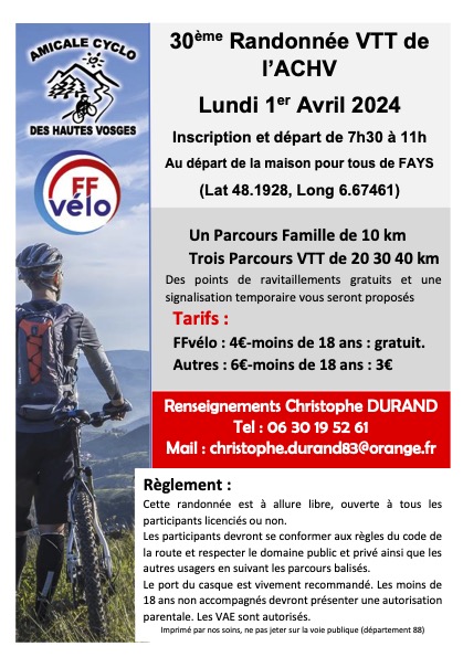 Affiche de La 30ème Randonnée VTT de L'Amicale Cyclotouriste des Hautes Vosges à Fays
