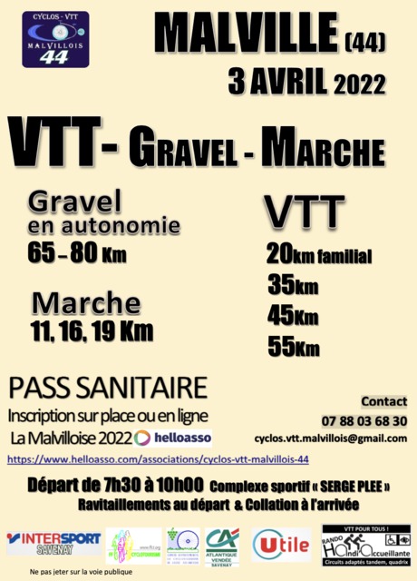 Affiche de LA MALVILLOISE 2023 Rando VTT, GRAVEL, et MARCHE (14ème  édition) à Malville