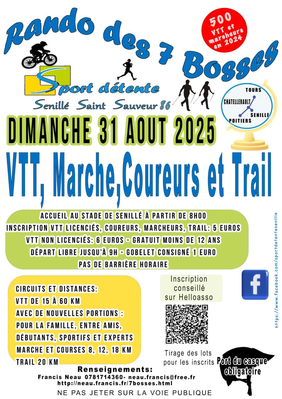 Affiche de 'Randonnée VTT MARCHE, Courses nature et TRAIL des 7 Bosses' à Sénillé